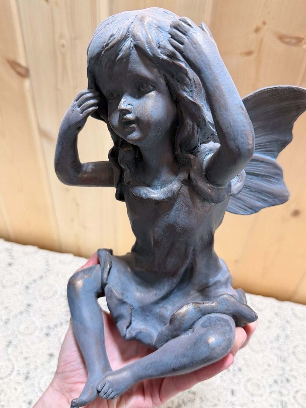 Veronese Design Bronze Patina Fairy Figurine Sitting With Butterfly Wings